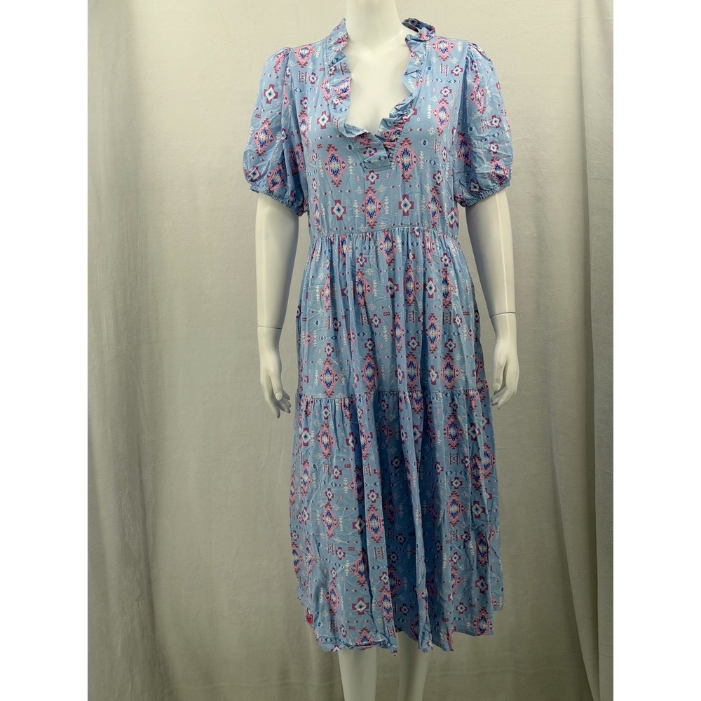 Simply Southern Dress Women Large Blue Midi Aztec Tiered Ruffle Boho Cottagecore